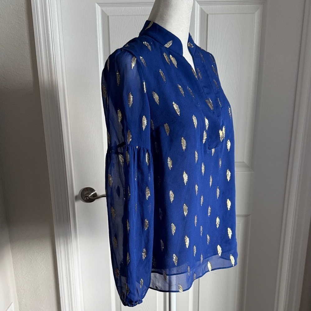 Lilly Pulitzer Royal Blue Blouse with Gold Leaf Pattern - Picture 5 of 16